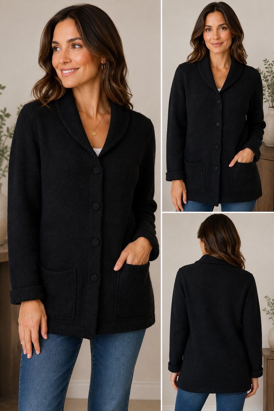 Alpaca Warehouse Peru Black Alpaca Wool Knit Cardigan Jacket Shawl Collar Black